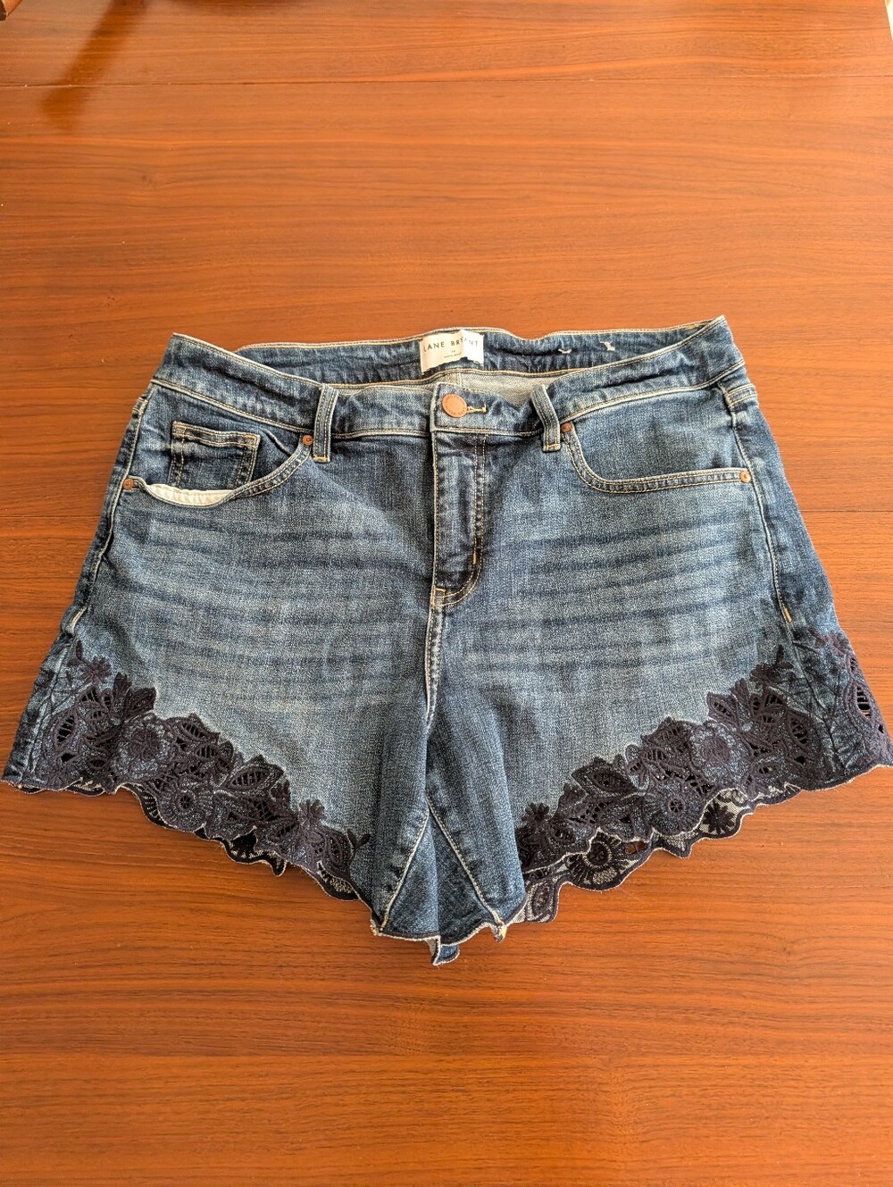 Lane Bryant Blue Denim High Rise Girlfriend Shorts with Embroidered Lace Trim